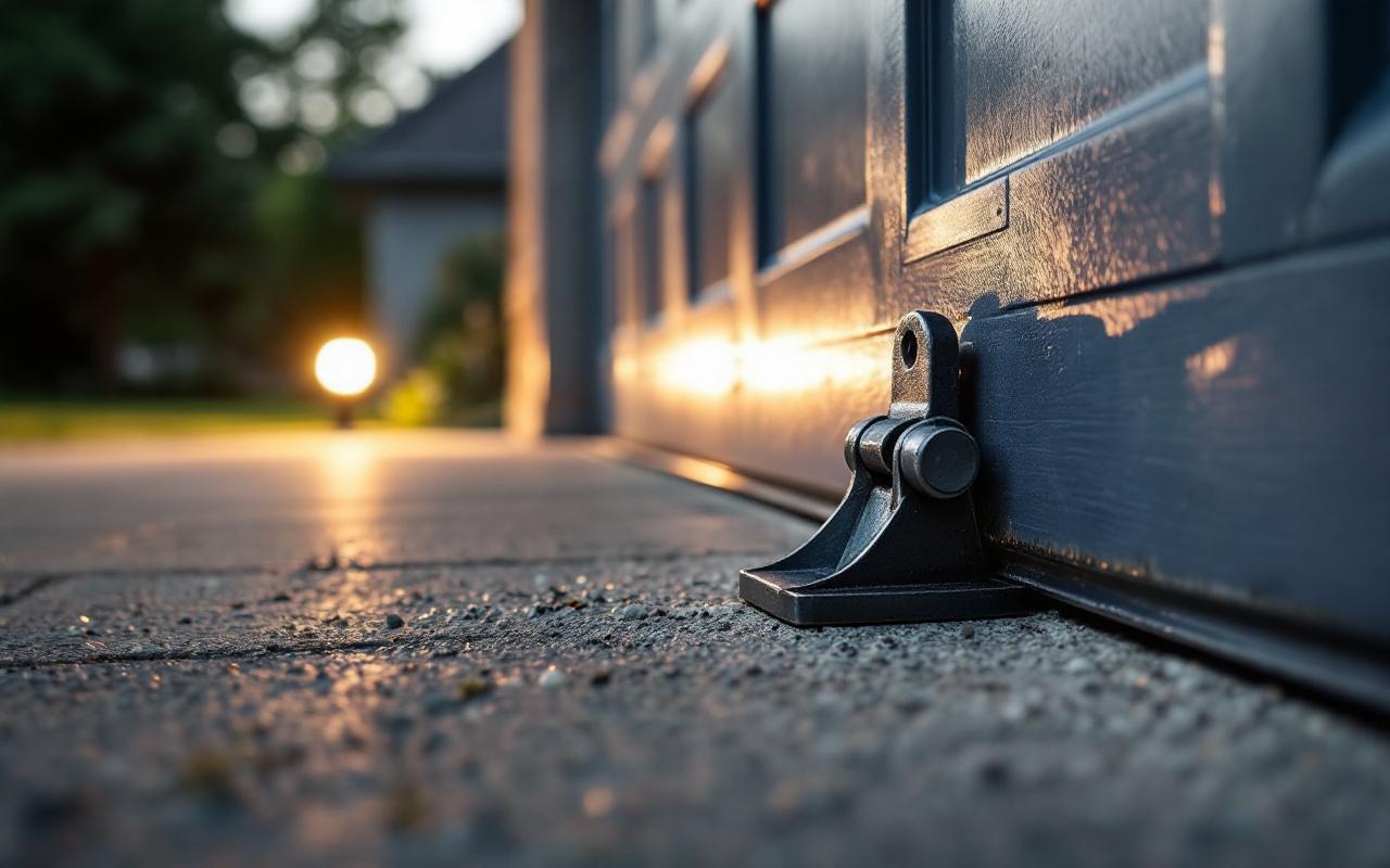 Ancrage au sol en acier empêchant l'ouverture d'une porte de garage basculante, fixé au bas de la porte métallique, gros plan sur l'allée en béton, textures réalistes et lumière chaude de coucher de soleil