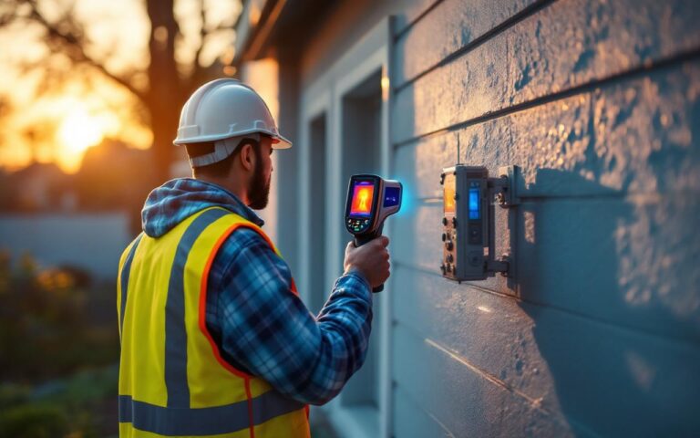 Auditeur énergétique tenant une caméra thermique scannant le mur extérieur d'une maison. L'écran affiche une carte de chaleur bleu-orange montrant des pertes thermiques. Il porte un gilet haute visibilité, lumière douce de coucher de soleil, environnement résidentiel.