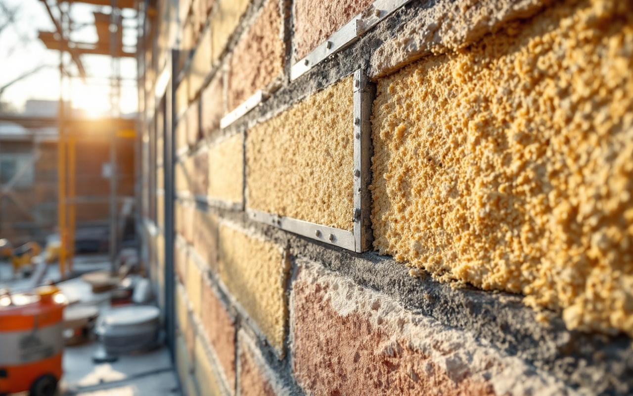 Vue rapprochée d'un bardage ventilé posé sur un ancien mur de maçonnerie, avec l'isolant en laine minérale apparent entre les tasseaux métalliques, pierre et mortier usés, échafaudage et outils en arrière-plan, lumière volumétrique chaude du coucher de soleil et ombres douces.