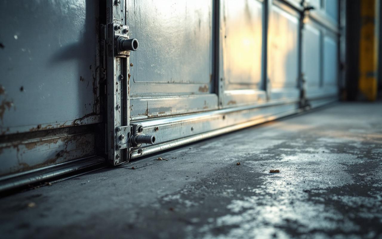 Intérieur réaliste d'un garage, plan rapproché sur un verrou de sol métallique et une barre de sécurité horizontale fixée à la porte, sol en béton, textures usées, lumière volumétrique douce et ombres naturelles.