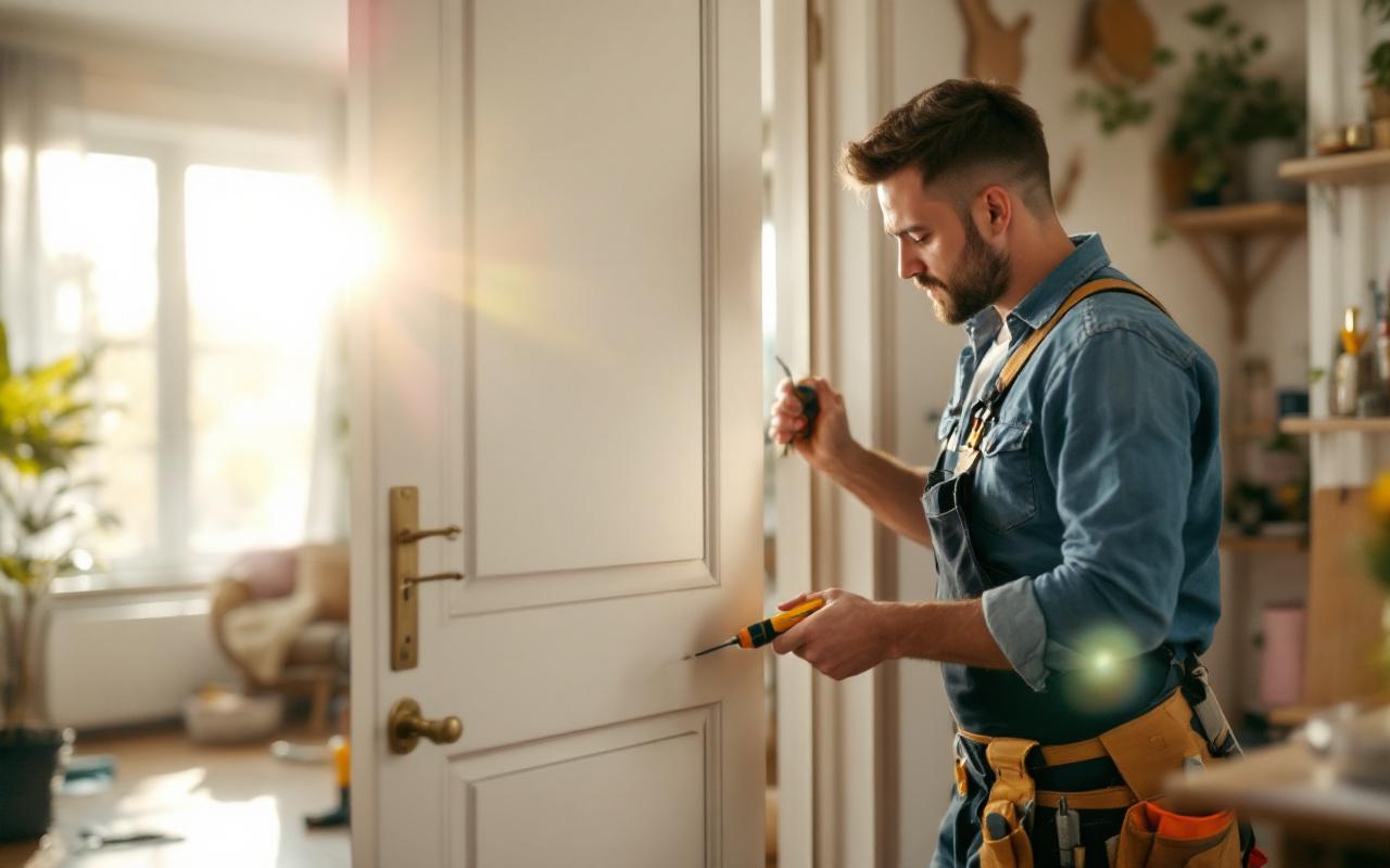 Un menuisier retire une porte intérieure de ses gonds dans un salon, tenant un tournevis et portant une ceinture à outils, la porte partiellement soulevée, sols en bois et outils éparpillés, lumière chaude d'après-midi traversant la pièce.
