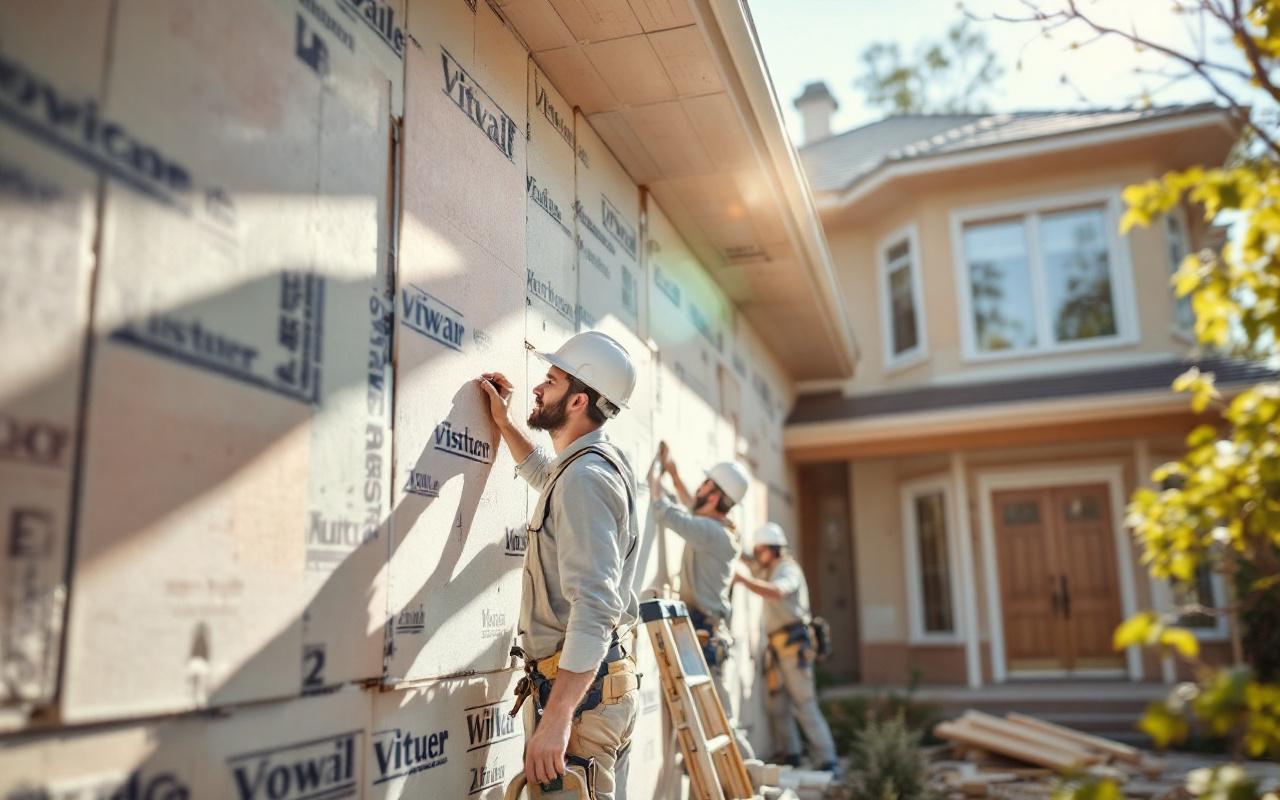 Trois ouvriers posant des panneaux d'isolation thermique sur la façade d'une maison familiale en banlieue, échelles et outils visibles, lumière naturelle matinale douce, ambiance réaliste et professionnelle.