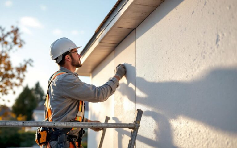 Technicien installant des panneaux d'isolation EPS sur la façade d'une maison, debout sur un échafaudage, portant casque et gilet de sécurité, alignant un panneau blanc au coucher du soleil, textures et outils visibles.