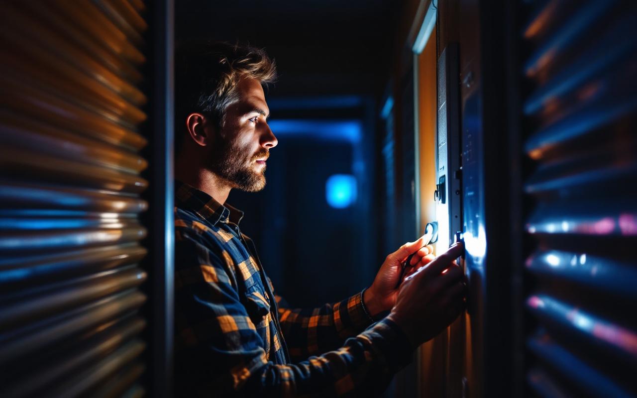 Un propriétaire vérifie un tableau électrique et les commandes d'un volet roulant dans un couloir sombre, éclairé par la lueur du panneau et une lampe de poche, ambiance chaude et bleutée, textures détaillées.