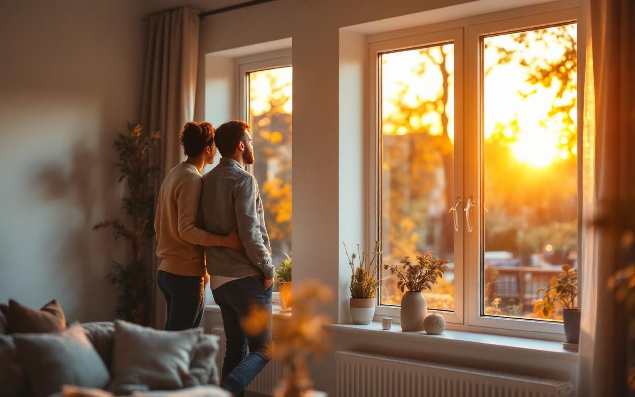 Couple regardant à travers de nouvelles fenêtres PVC à double vitrage dans un salon rénové, baigné d'une lumière chaude de coucher de soleil, décoration contemporaine aux tons neutres et touches de bois.