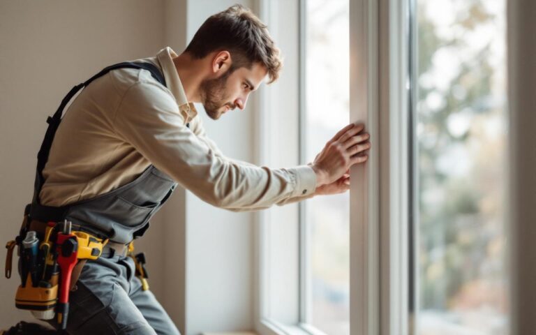Ouvrier installant un cadre de fenêtre en PVC blanc dans un appartement moderne, gros plan milieu, lumière naturelle douce avec rayons de soleil volumétriques, outils visibles, murs blancs et sol en bois chaud.