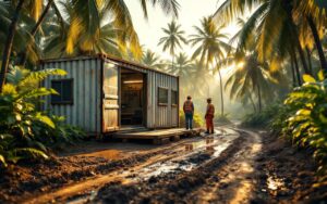 Conteneur-bureau de chantier posé sur un terrain boueux dans un climat tropical, palmiers et végétation dense en arrière-plan, porte ouverte et ouvriers à proximité, lumière matinale douce et atmosphère humide, couleurs dominantes vert et rouille.