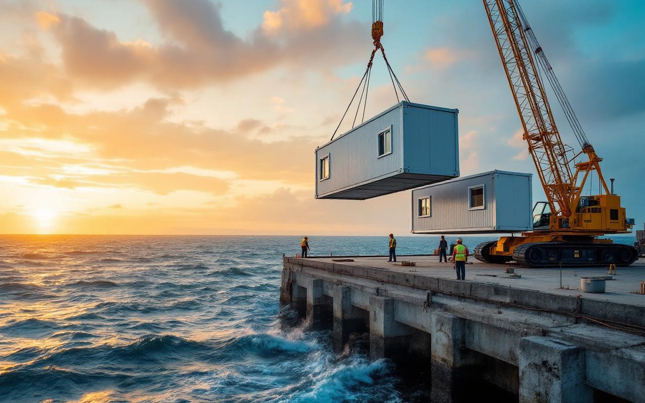 Plusieurs unités modulaires sont soulevées par une grande grue jaune au-dessus d'un quai en béton au bord de la mer. Des ouvriers en tenue de sécurité observent, l'eau bleu-gris et un ciel de coucher de soleil diffus créent une lumière volumétrique chaude.