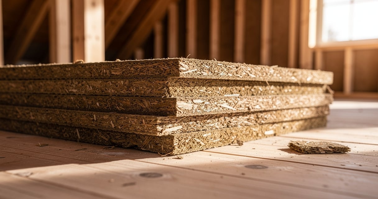 Panneaux isolants en fibre de bois empilés sur un chantier de maison à ossature bois