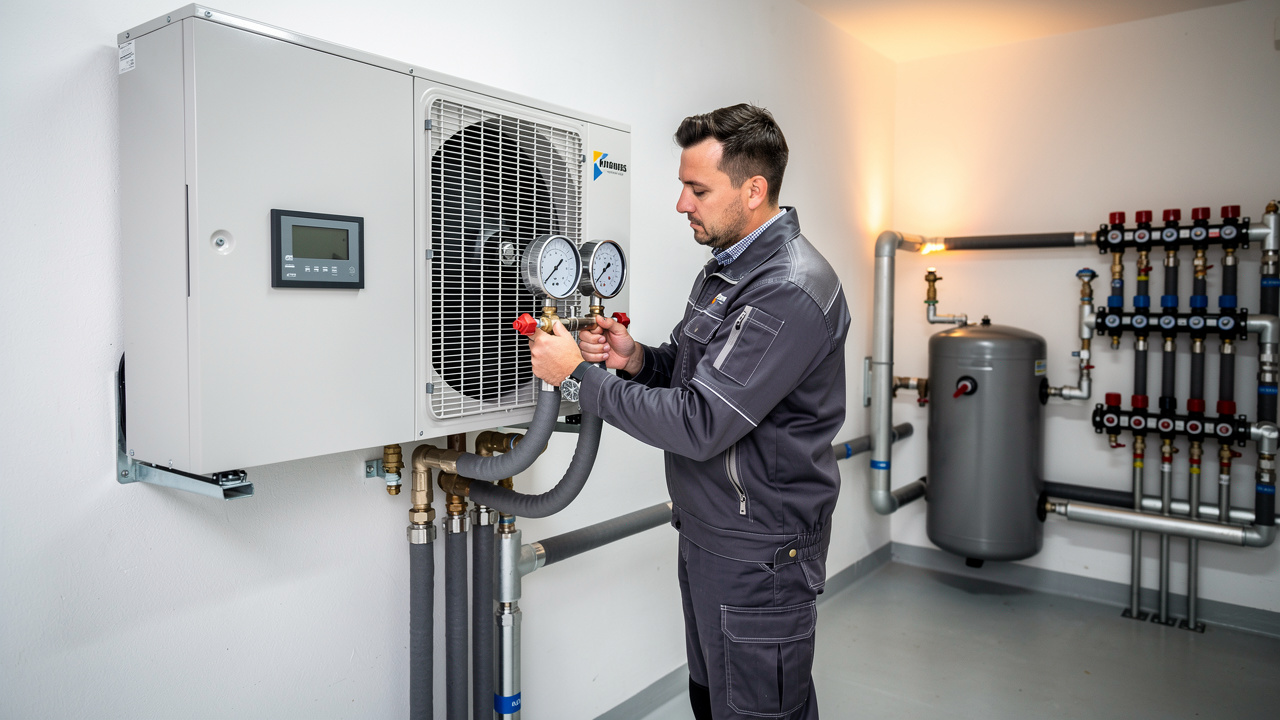 Technicien frigoriste mettant en service une pompe à chaleur avec des manomètres, un tableau électrique sécurisé et un réseau de chauffage.