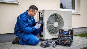 Technicien chauffagiste contrôlant avec un outil de mesure une pompe à chaleur air-eau extérieure devant une maison individuelle, avec des outils soigneusement disposés.