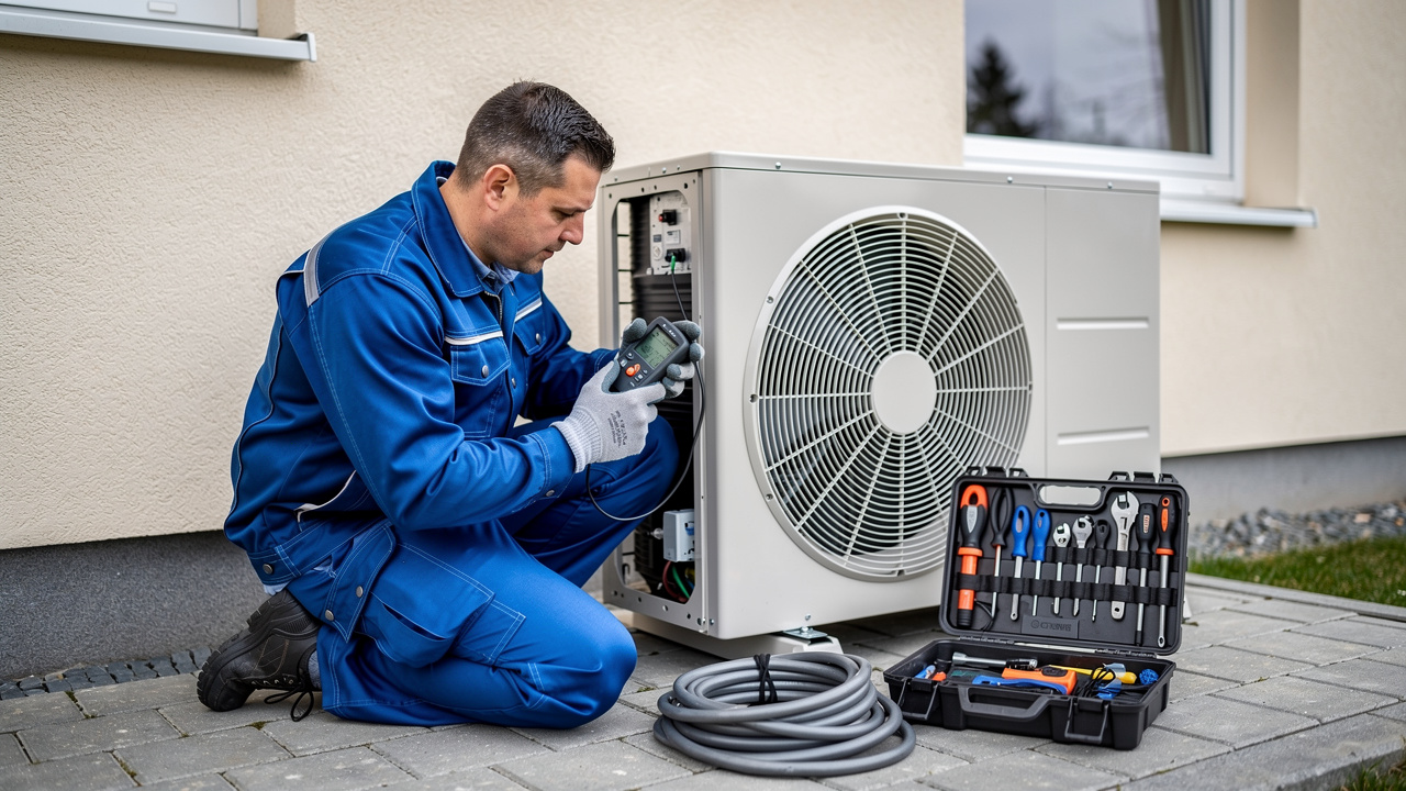 Technicien chauffagiste contrôlant avec un outil de mesure une pompe à chaleur air-eau extérieure devant une maison individuelle, avec des outils soigneusement disposés.