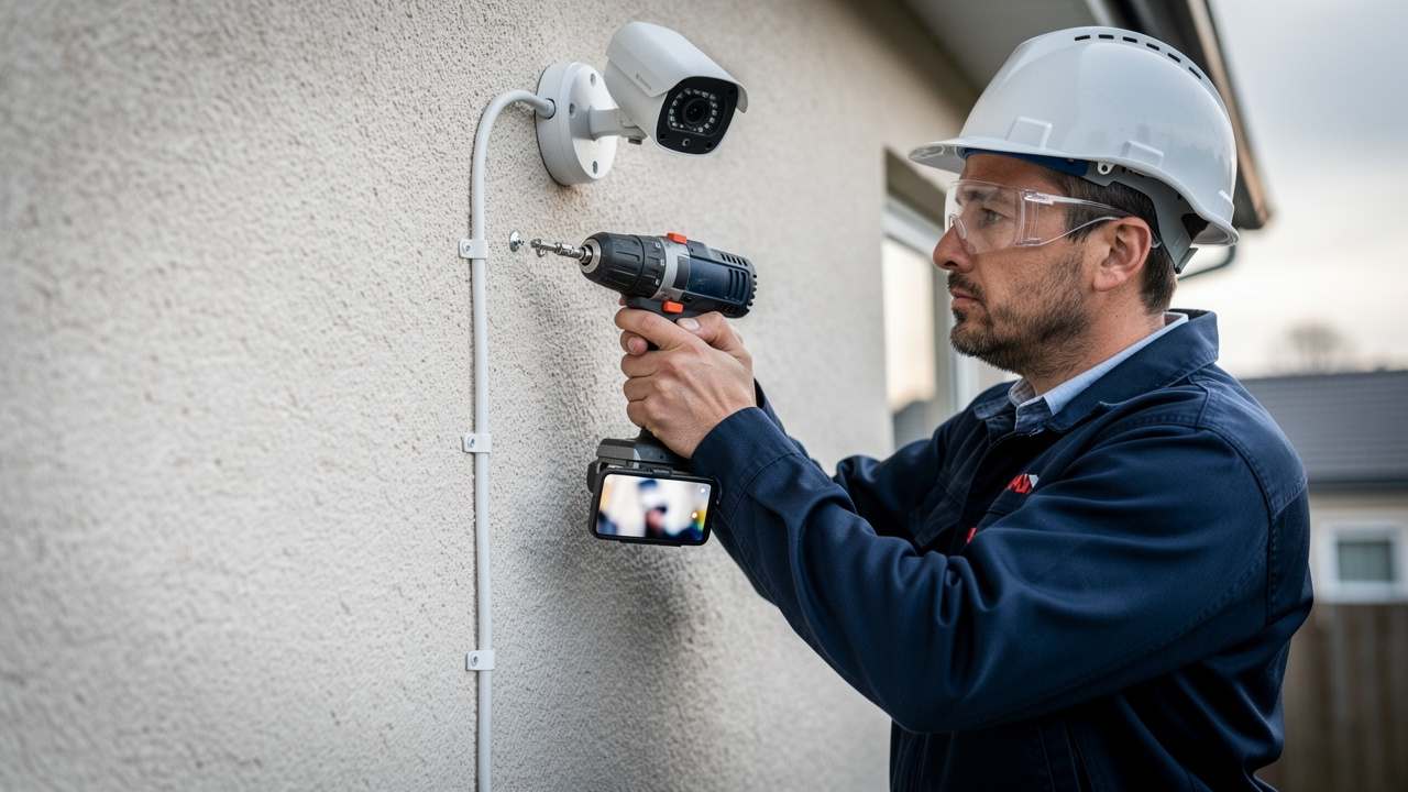 Un technicien fixe une caméra extérieure sur une façade avec une perceuse, tandis qu’un câble Ethernet sous gaine longe le mur et qu’il consulte le cadrage vidéo sur son smartphone.