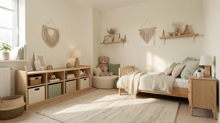 Chambre d’enfant lumineuse et chaleureuse avec rangements bas, coin lecture, tapis doux et décoration sobre.