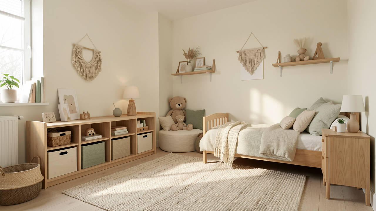 Chambre d’enfant lumineuse et chaleureuse avec rangements bas, coin lecture, tapis doux et décoration sobre.