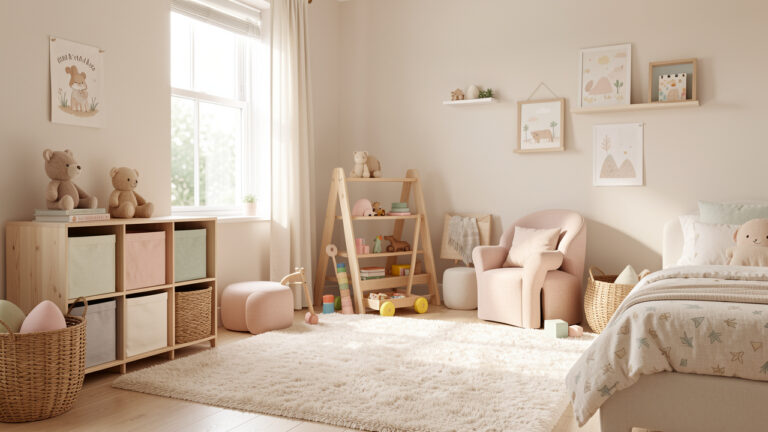 Chambre d’enfant lumineuse et évolutive avec rangements bas en bois, espace de jeu, tapis doux et décoration pastel apaisante.