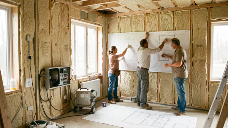 Intérieur d’une maison en rénovation avec isolation apparente, trois artisans, des plans architecturaux et des équipements techniques éclairés par la lumière naturelle.