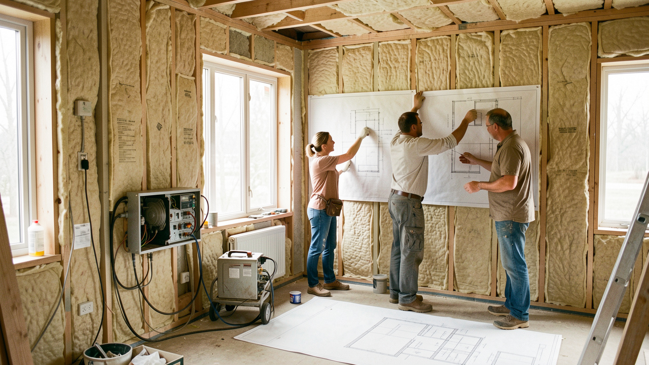 Intérieur d’une maison en rénovation avec isolation apparente, trois artisans, des plans architecturaux et des équipements techniques éclairés par la lumière naturelle.