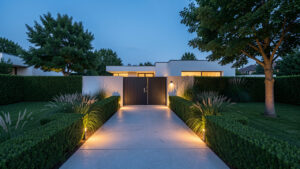 Maison contemporaine au crépuscule avec allée éclairée, portail fermé et jardin soigneusement entretenu.