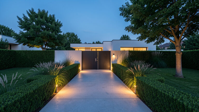 Maison contemporaine au crépuscule avec allée éclairée, portail fermé et jardin soigneusement entretenu.