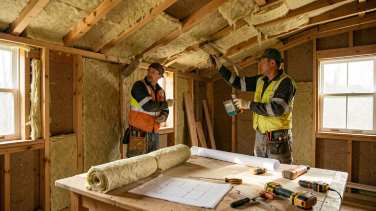 Deux artisans installent une isolation sur la toiture et les murs d'une maison en rénovation énergétique, avec des plans vierges posés sur une table éclairée par la lumière naturelle.