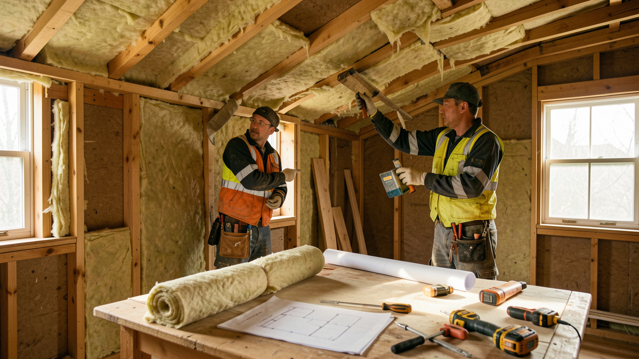 Deux artisans installent une isolation sur la toiture et les murs d'une maison en rénovation énergétique, avec des plans vierges posés sur une table éclairée par la lumière naturelle.