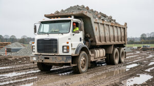 Camion-benne 6x4 chargé de gravats avançant sur un chantier de rénovation boueux, avec un conducteur portant des équipements de sécurité.