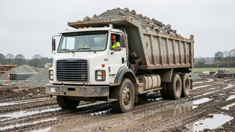 Camion-benne 6x4 chargé de gravats avançant sur un chantier de rénovation boueux, avec un conducteur portant des équipements de sécurité.