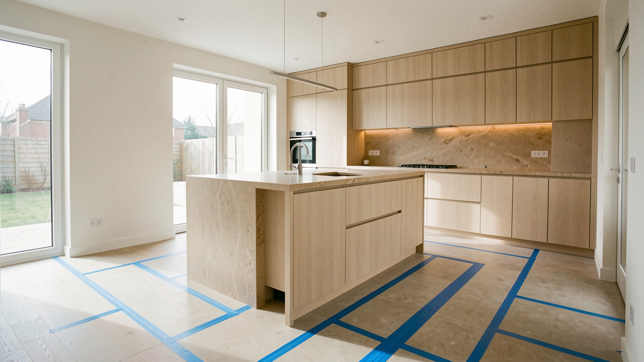 Cuisine contemporaine en rénovation avec un plan architectural sans inscriptions posé sur un îlot central et du ruban de masquage bleu au sol pour marquer les passages, éclairée par la lumière naturelle.