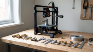 Établi de bricolage propre avec une imprimante 3D fabriquant une poignée de vanne grise, un pied à coulisse et des raccords de plomberie éclairés par la lumière naturelle.