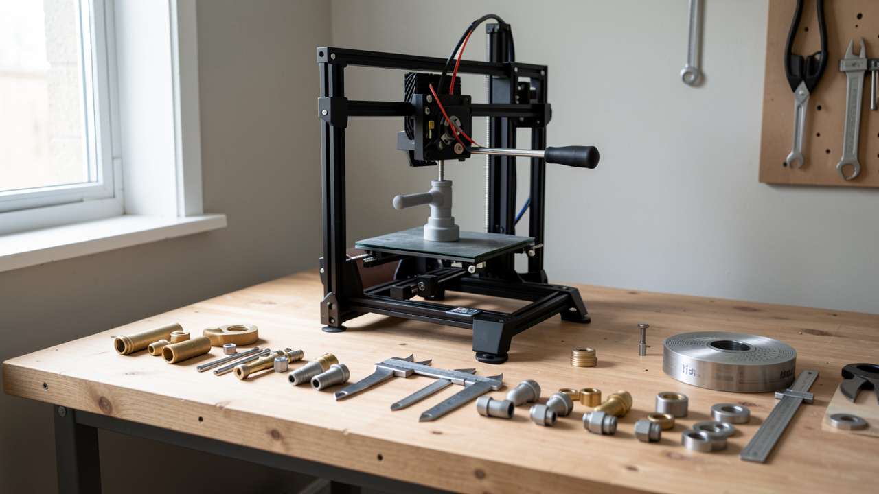 Établi de bricolage propre avec une imprimante 3D fabriquant une poignée de vanne grise, un pied à coulisse et des raccords de plomberie éclairés par la lumière naturelle.